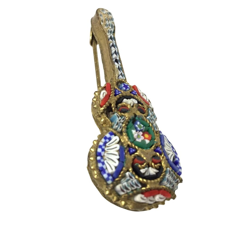 Vintage Italian Micro Mosaic Guitar Brooch Millefiori Floral Pin Made in Italy